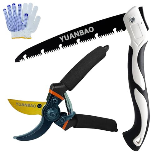 YUANBAO Kit d'élagage de jardin, sécateur bypass de 21,6 cm + scie à main pliable de 25,4 cm + gants adhésifs en coton, sécateurs de jardin de précision, coupe-plantes, ciseaux de jardinage