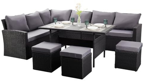 Nustone L-Shaped Corner Rattan Garden Furniture Lounge Dining Set for Seating 8 People With 5 Seater Sofa, 3 Stools With Luxury Cushions and Large Dining Table, for Patios & Terraces - In Black