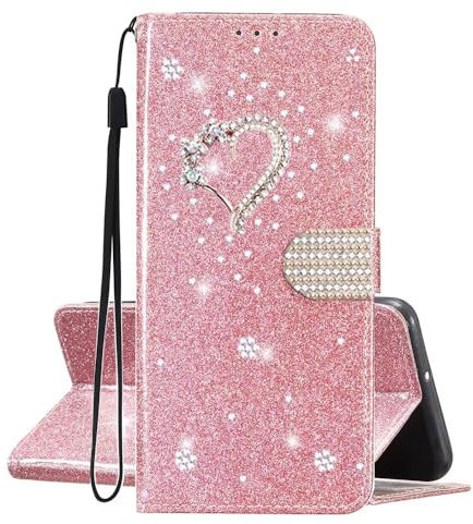 SEHEYA Hülle kompatibel mit Samsung Galaxy A55 5G Glitzer PU Leder Klapphülle Gold Herz Handyhülle Mädchen Handytasche Magnet Schutzhülle Karten Fach Handy Cover, Roségold