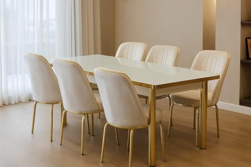 Stella Furniture Extendable White and Gold Dining Table and Chairs Set 6 with Gold Metal Legs for a 6 Seater Dining Set | Modern Luxury Design (130–170×80cm)