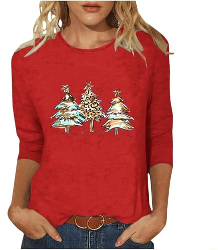 Keepink Weihnachtspullover für Damen, lustiger Weihnachtsdruck, Top, locker, 3/4-Ärmel, T-Shirts, elegant, lässig, Bluse, Urlaub, Weihnachtshemden, trendige Pullover, Damen-Tops, 8 Rot, 42