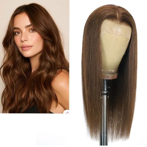 Larafona Full Lace Wig Echthaar Perücke, Hellbraun 6# Glatt 100% Remy Human Hair, Transparent Lace Pre-plucked with Baby Hair 14inch/35cm
