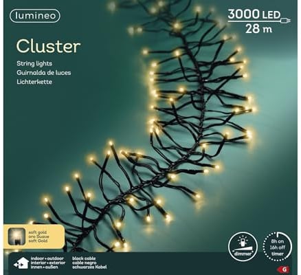 Lumineo CLUSTER Lichterkette 3000 LED 28 m Soft Gold – dimmbar in 5 Stufen, mit Timer 8 h, IP44 Außen & Innen, 33 m Gesamtlänge mit 5 m Zuleitung, wetterfest, LED-Lichterkette warmgold für Bäume bis 3