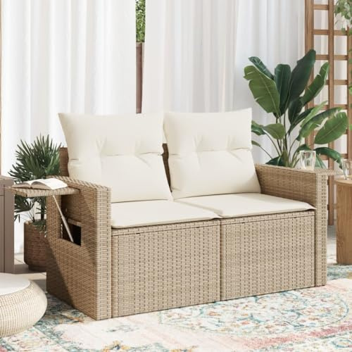 QUAHEAS Gartensofa mit Kissen 2-Sitzer Beige Poly Rattan, wetterfestes Outdoor-Sofa für Terrasse und Balkon, Bequeme Lounge mit klappbaren Ablagen