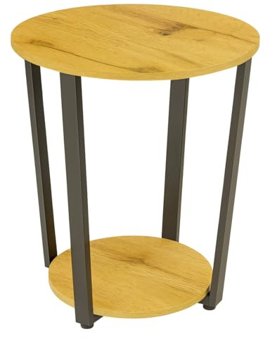 Begryf Beistelltisch Eichefarben rund 46 x 52 cm, Sofatisch mit 2 Ablagen, Wohnzimmertisch in Holzoptik mit schwarzem Metallgestell, Kleiner Couchtisch