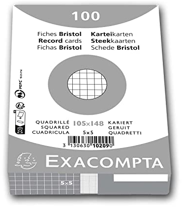 Exacompta 10209E 100er Pack Karteikarten kariert DIN A6 in Folie eingeschweißt 10,5 x 14,5 cm ideal für die Schule und Universität zum Lernen weiß