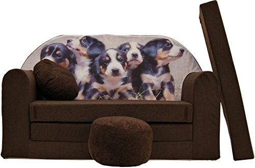 Pro Cosmo Un sofá Plegable para niños con función de Dormir con Colchón, Cojín y Puf Desenfundables - 98x168x59 cm - Ligero y Fácil de Plegar - K7 Marrón - Cachorros