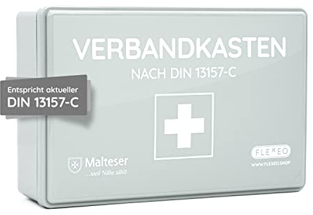 Verbandkasten C nach neuer DIN 13157:2021, mit Wandhalterung/Wandmontage, Betriebsverbandkasten/Erste-Hilfe-Kasten für Betriebe, Büro & Baustelle gemäß ASR, grau (Sonderpreis wegen verkürztem MHD)