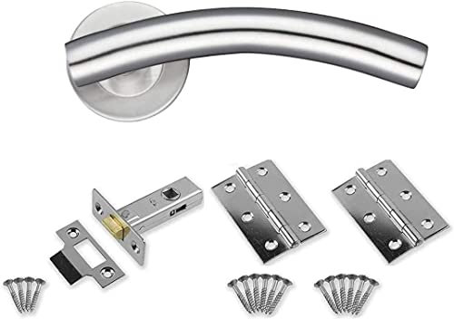 IRONZONE® 5 Sets of Quality Curved Lever on Rose Door Handles with Hinges and Latches Door Pack Satin Stainless Steel for Internal Wooden or Oak Doors, Residential and Commercial Projects