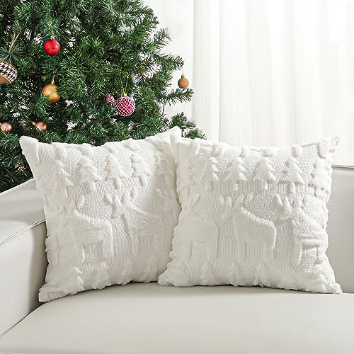 Lewondr Weihnachten Kissenbezug 45 * 45cm, Satz von 2 weichen Kunstpelz Kissenbezüge Samt 3D Weihnachtsbaum Rentier Stickerei Platz Kissenbezug für Wohnzimmer Bett Sofa Home Decor, Weiß