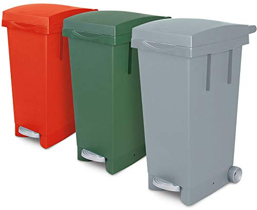 BRB Set, 3X 80 Liter Abfallbehälter mit Rollen, 1x grau, 1x grün, 1x rot, Fußpedal, selbstschließender Deckel, Klemmring für Müllsäcke