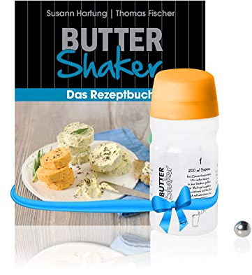 EINSTEIGER-SET für EINFACHES BUTTER MACHEN mit dem patentiertem Butter-Shaker (325ml) in ORANGE + kreativem Rezeptbuch (Verlag Südwest). Viele neue Rezepte für Butter und Buttermilch