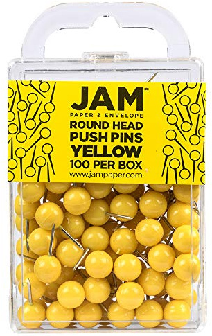 JAM PAPER Colorful Push Pins - Round Head Map Thumb Tacks - Yellow Pushpins - 100/Pack
