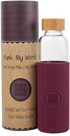 Funk My World Glass Water Bottle - Bamboo Lid Glass Water Bottle With Silicone Sleeve- Eco Friendly Carry Case 500ml Water Bottle / 19 oz - BPA Free, Dishwasher Safe (BURGUNDY)