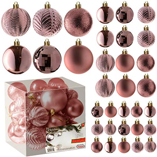 Prextex Rose Gold 36-Piece Shatterproof Christmas Ball Ornament The Perfect Glitter Balls, Christmas Tree Baubles Christmas Decorations, Exquisite Xmas Combo of 36 Christmas Balls and Shape Styles