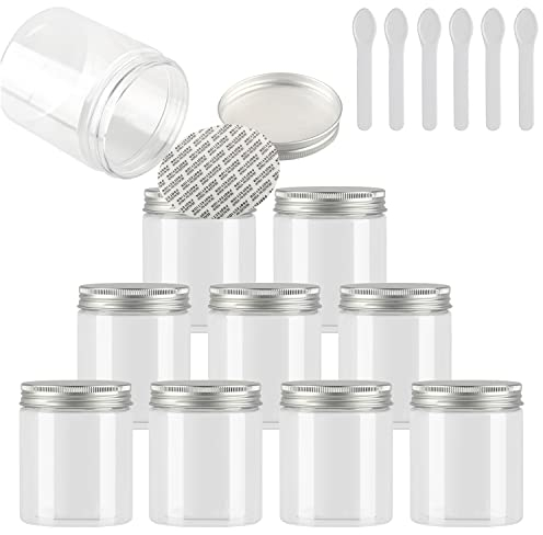 TIANZD 12 Pièces Vides Petit 250 ml Transparent Cosmétique Pot en Plastique avec Couvercle Argent 250 g Pots de Cosmétique Crème de Bouteille Contenant avec 6x Spatules