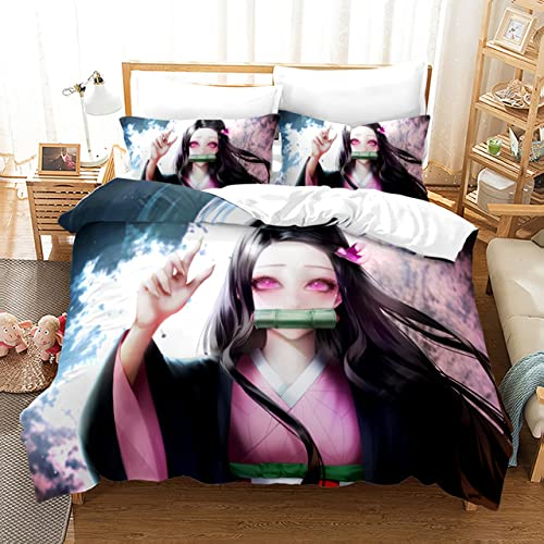 PTNQAZ Nezuko Kamado Bettwäsche-Set für Mädchen, Geschenk für Kinder, Bettwäsche (Einzelbett, 2)