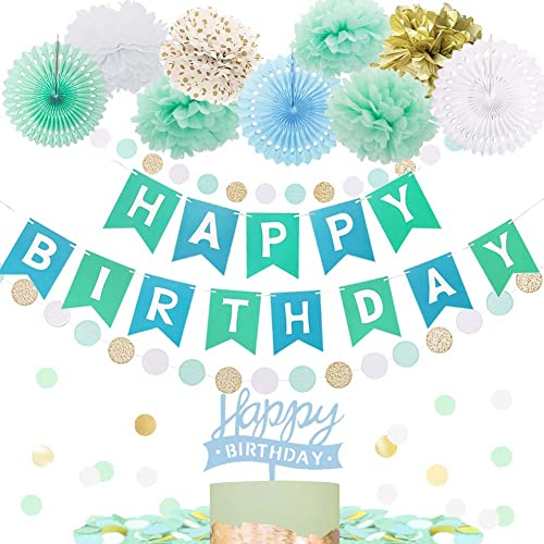 Mint Geburtstag Deko Seidenpapier Pompons Mintgrün HAPPY BIRTHDAY Banner Tortendeko Hellblau Papier Fächer Circle Girlande Gold Konfetii Türkis Kindergeburtstag Geburtstagsdeko Grün