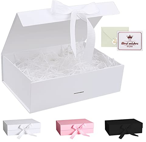 Gift Box, Luxury Magnetic Gift Box with Lid Ribbon Greeting Card Shredded Paper, Gift Packaging Box for Present Birthday Wedding Anniversary Festival (23×17×7cm, White)