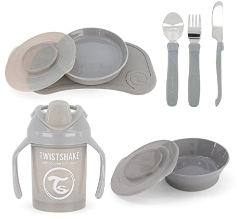 Baby Tableware Set - 4 Pieces | 1 x Baby Placemat - 1 Baby Plate - 1 Baby Bowl - 3 Stainless Steel Cutlery - 1 Drinking Cup | 6M + Baby Feeding Set | Tableware for Baby Weaning | Grey