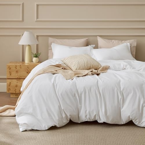 Bedsure 100% Washed Cotton Duvet Cover Queen Size - Natural White Minimalist Bedding Set Linen Like - PureWoven Plain Simple & Soft Comforter Cover for All Seasons (Natural White, Queen, 90x90)