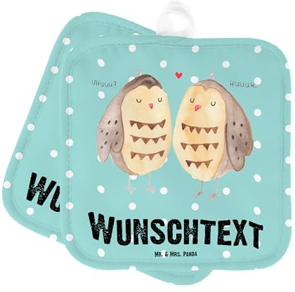 Mr. & Mrs. Panda Personalisierte Topflappen Eulen Liebe - Personalisierte Geschenke, Personalisierter Ofenhandschuh, Topflappen Set personalisiert,