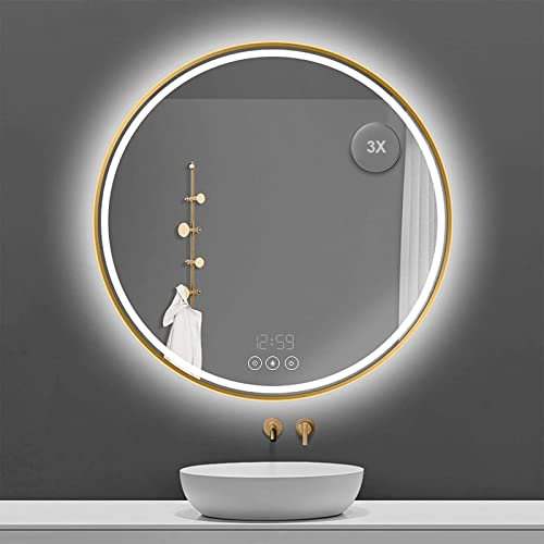 60cm Miroir de Salle de Bain avec Éclairage, Miroir Mural LED avec Horloge et Loupe 3X, Fonction Anti-buée,Température de Couleur Réglable, Étanche IP44, Interrupteur Tactile