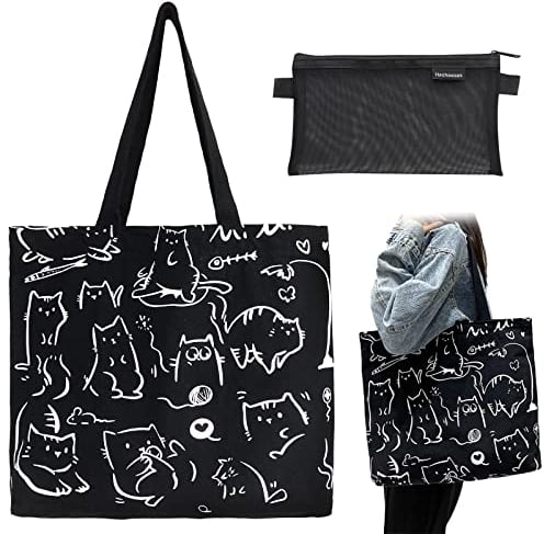 SwirlColor Einkaufstasche 42 x 38cm, Wiederverwendbare Große Katze Tragetasche Leinwand Tragetasche mit Reißverschluss und Taschen für Schularbeit Strand Reise Einkaufen mit Mesh Tasche (Schwarz)