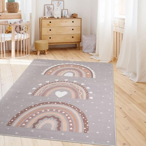 TT Home Kinderzimmerteppich Teppich Junge Mädchen Kinderteppich Baby Herzen Pastell, Farbe:Grau Beige, Größe:200x280 cm