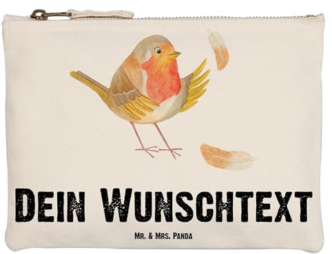 Mr. & Mrs. Panda Personalisierte Schminktasche Rotkehlchen Federn Größe M - Personalisierte Geschenke, Kosmetiktasche Organizer Mit Wunschtext,