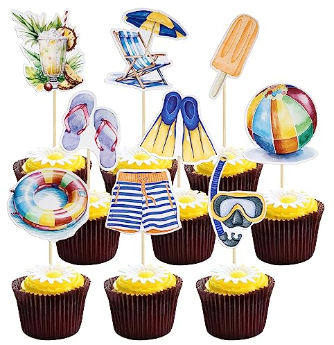 Gyufise 36 decorazioni estive per cupcake a forma di ombrellone, pantofole e spiedini per cupcake, decorazioni per torte hawaiane per baby shower, feste a tema hawaiano