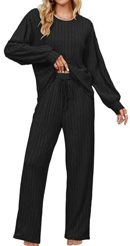 Blooming Jelly Damen Lang Schlafanzug Gerippte Pyjama Set Herbst Winter Hausanzug Zweiteiler Loungewear Schwarz M
