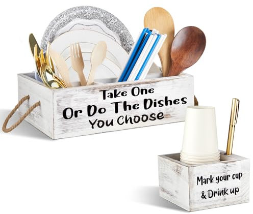 Suzile Cutlery Kitchen Utensil Holder Set 1 Plate Holder 1 Large Cup Holder Utensil Caddy Organizer Party Cup and Marker Holder for Plates, Cups, Forks, Knives, Spoons, Straws Napkins and Condiments