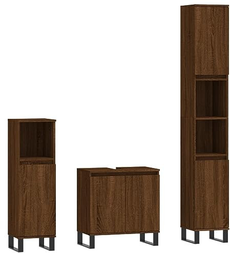 vidaXL Badmöbel Set 3 TLG., Badezimmer Möbel mit viel Stauraum, Badschränke mit Metallfüßen, Waschbeckenschrank Hochschrank Badezimmerschrank, Braun Eichen Optik Holzwerkstoff