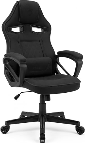 SENSE7 Poltrona da gioco Knight, ergonomico con cuscini lombari regolabili, sedia da gioco con oscillazione, braccioli imbottiti, sedia da ufficio in tessuto fino a 120 kg, sedia PC nera