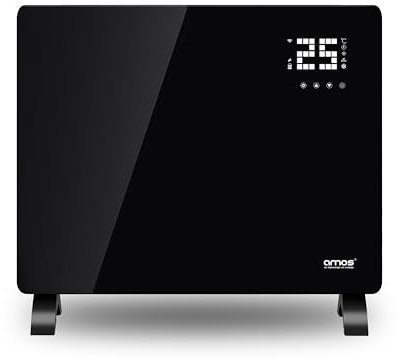 AMOS Electric Glass Panel Heater 1000W Smart WiFi Enabled, Digital Display, Timer & Thermostat Freestanding or Wall Mounted Black