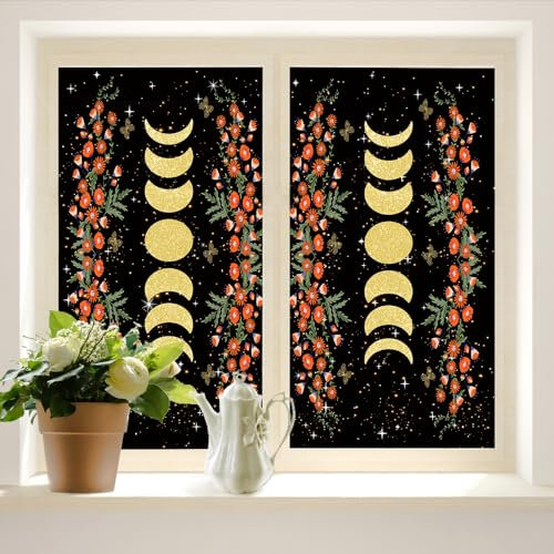 COALHO Película de ventana con bloqueo UV de luna abstracta con purpurina, cielo estrellado, estrellas, flores, vid, protección estática, calcomanías decorativas para ventana, 45 W x 60 L, 2 unidades
