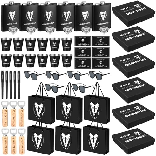 Layhit 60 Pcs Groomsmen Gifts Set of 6 Stainless Steel Shot Glass, Flask, Funnel, Bottle Opener, Pen, Sunglasses, Card, Box, Bag Groomsmen Proposal Box for Wedding Party Present