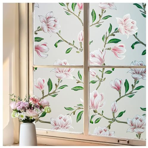Lifetree Fensterfolie Blickdicht Sichtschuzfolie Fenster Selbsthaftende Milchglasfolie Statisch haftenden Sichtschutz Anti UV Magnolien Blume für Wohnzimmer, Schlafzimmer, Küche 75x200cm