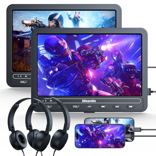 GOnavidio 10.5 HDMI-in Lecteur DVD Voiture 2 ecrans,Put, Lecteur Portable Voiture avec 5000 mAh Batterie,Lecteur DVD pour Voiture Double ecrans Compatible USB/TF Card avec 2 Casques