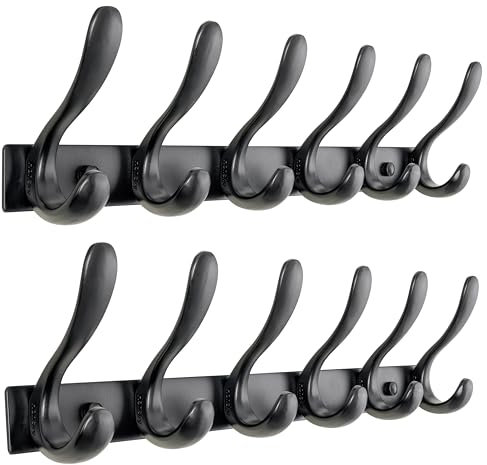 Honsky Garderobenhaken,Garderobenleiste,Wandgarderobe,Hakenleiste mit 6 Doppelte Haken,Hakenleiste Garderobe für Jacken,Mäntel,Schals,Schwarz(2 Stück)