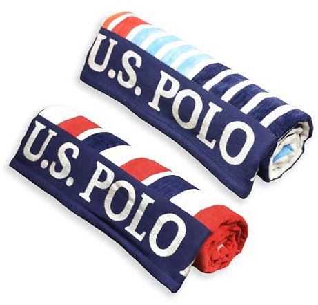 U.S. Polo Assn. Luxus-Strandtücher, Plüsch-Baumwolle, übergroß, 101,6 x 177,8 cm, gestreift, nautisches Design, Hotelqualität für Bad und Pool, Rot/Hellblau/Marineblau, 2 Stück