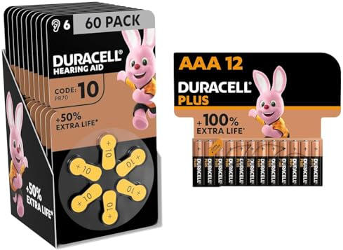 Duracell - 10 Giallo, Batterie per Apparecchi Acustici con Easy Tab, confezione da 60 & Batterie Plus AAA (pacco da 12) - Alcalina 1.5V - Fino al 100% di extra durata