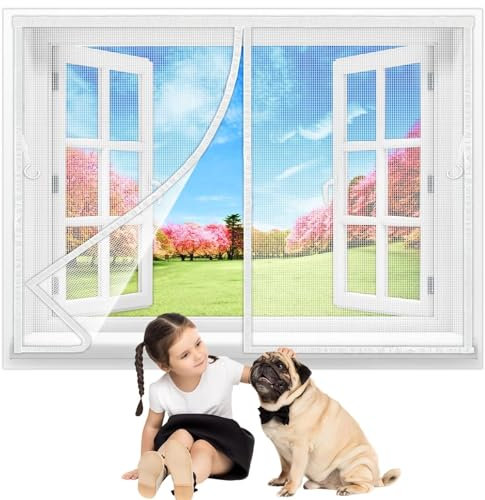 Fliegengitter Fenster 195x90 cm, Moskitonetz Fenster Magnet Vorhang Insektenschutz für Fenster und Fenster für Garage Fenster Wohnwagen Weiß Neuste-Version