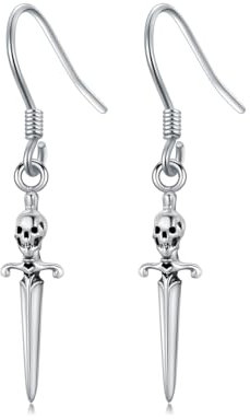 ROMANTICWORK Schwert Totenkopf Ohrringe 925 Sterling Silber Totenkopf Ohrhänger Punk Gothic Schwert Schmuck Geschenke für Frauen Damen