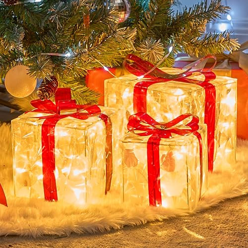 Joiedomi 3 Pcs Weihnachten Transparent Geschenk Boxen Licht Dekorationen, 60 LED Warmes Weiß Lichter für Indoor Urlaub Baumschmuck, Heiligabend Box Dekor, LED Geschenkbox Weihnachten