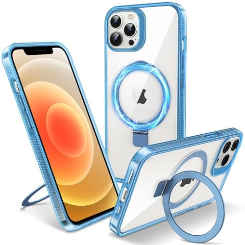 Flyzoo Magnetic Kickstand Case for iPhone 12 Pro Max, [Compatible with MagSafe & Invisible Ring Stand Holder] [Non-Yellowing & Shockproof] Transparent Hard Silicone Edge Cover, 6.7'', Clear Blue