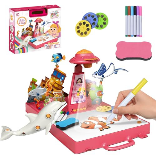 AYAMAYA Drawing Projector for Kids, Art Projector for Tracing with 48 Cartoon Patters, 6 Color Pens, 4 Doodle Board, Stered Puzzle Cards for Boys Girls 3-8 Years Old Learn to Draw and Sketch (Pink)