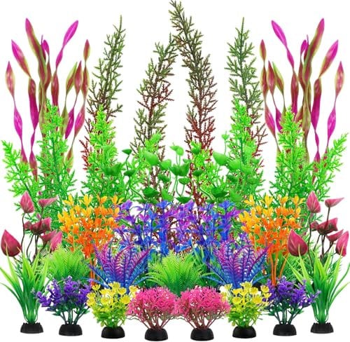 QUOZUO 25pcs Colorful Aquarium Artificial Plastic Plants Decoration, Grass Aquarium Decor Set, Fish Tank Decorations Hides Accessories
