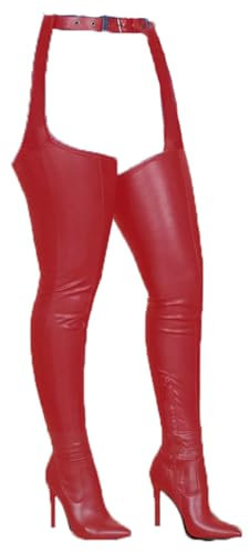 WOkismD Modische Overknee-Stiefel für Damen mit Gürtel, spitzer Zehenbereich, Stiletto-High-Heels, Hosenstiefel mit Schnallenriemen, seitlichem Reißverschluss und oberschenkelhohen,Rot,34